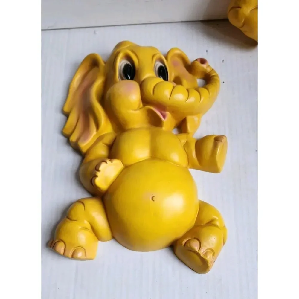 Vintage Homco Yellow Baby Elephant Wall Plaques Set Nursery Decor Retro 1970s